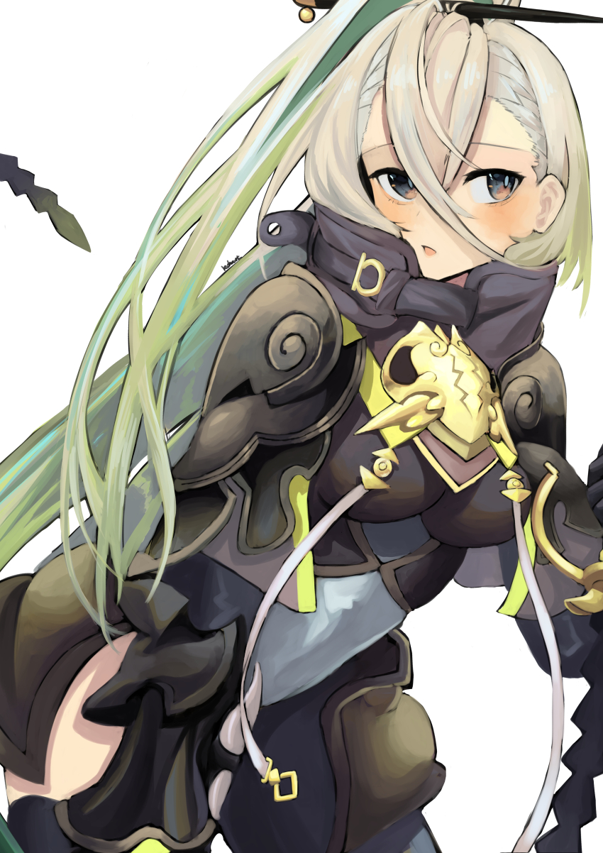 1girl absurdres armor blush breasts fate/grand_order fate_(series) female_focus hair_ornament hairpin highres huyan_zhuo_(fate) kokoa_10701 looking_to_the_side medium_breasts multicolored_hair shoulder_armor simple_background thighs two-tone_hair white_background