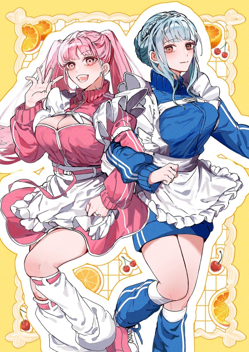 2girls akitsu_123 alternate_costume apron blue_hair blush braid breasts brown_eyes cleavage closed_mouth crown_braid dress fire_emblem fire_emblem:_three_houses highres hilda_valentine_goneril large_breasts long_hair long_sleeves looking_at_viewer maid maid_apron marianne_von_edmund medium_breasts multiple_girls nintendo open_mouth pink_eyes pink_hair short_hair smile twintails