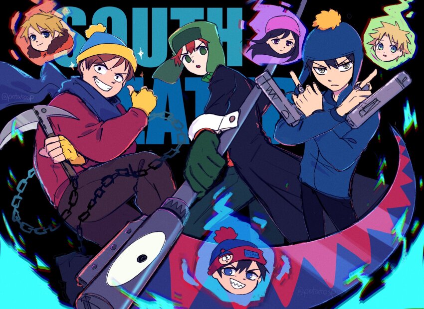 1girl beanie black_coat black_hair blonde_hair brown_hair coat craig_tucker crossover dual_wielding eric_cartman fingerless_gloves fur-trimmed_hood fur_trim gloves green_gloves gun hat highres holding holding_gun holding_scythe holding_weapon hood hoodie kenny_mccormick knit_hat kusarigama kyle_broflovski multiple_boys orange_hoodie potatotop red_coat red_hair scythe sickle soul_eater south_park stan_marsh tweek_tweak ushanka weapon wendy_testaburger winter_clothes winter_coat yellow_gloves