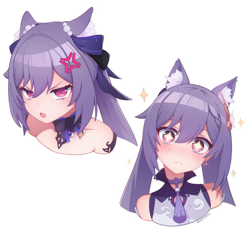 +_+ 1girl :&lt; anger_vein animal_ear_fluff animal_ears bare_shoulders blush cat_ears collarbone commentary fang genshin_impact hair_ribbon head_tilt highres kemonomimi_mode keqing_(genshin_impact) keqing_(opulent_splendor)_(genshin_impact) long_hair looking_at_viewer multiple_views open_mouth pannkaka_(kpze4325) purple_eyes purple_hair purple_ribbon ribbon simple_background twintails white_background