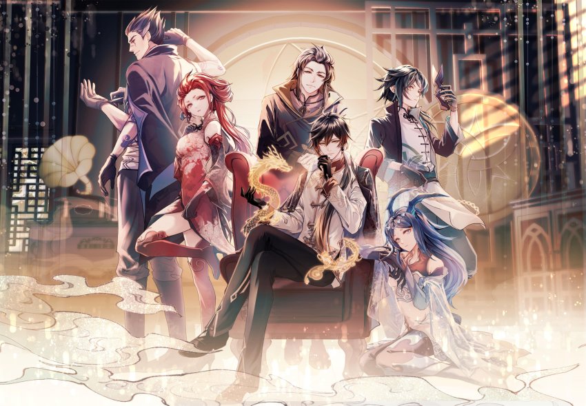2girls 4boys absurdres adjusting_clothes adjusting_gloves alternate_costume antenna_hair arm_up black_footwear black_gloves blue_eyes blue_hair blush bonanus_(genshin_impact) bosacius_(genshin_impact) breasts brown_eyes brown_hair chinese_clothes chrysos_milk closed_mouth coat coat_on_shoulders commentary_request crossed_legs detached_sleeves extra_arms genshin_impact gloves gradient_hair highres horns indarias_(genshin_impact) long_hair long_sleeves low_ponytail medium_breasts menogias_(genshin_impact) multicolored_hair multiple_boys multiple_girls open_mouth phonograph ponytail purple_hair red_eyes red_hair scar scar_across_eye scar_on_face shoes sidelocks sitting smile standing throne wide_sleeves xiao_(genshin_impact) zhongli_(genshin_impact)