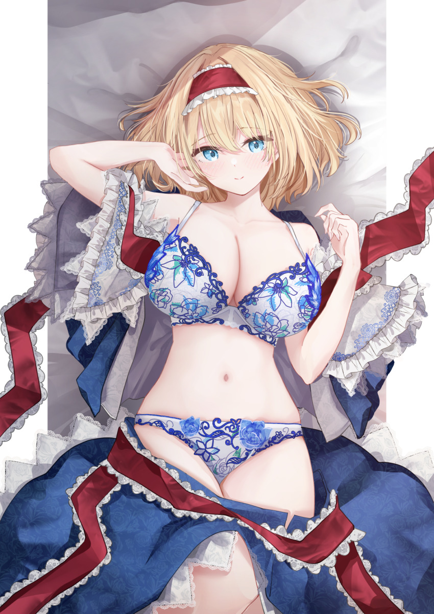 1girl alice_margatroid bare_shoulders blonde_hair blue_eyes blue_skirt border bra breasts cleavage closed_mouth clothes_pull commentary_request frilled_hairband frills hair_between_eyes hairband highres large_breasts looking_at_viewer navel open_clothes outside_border panties pillarboxed red_hairband sarasadou_dan short_hair skirt skirt_pull smile solo stomach touhou underwear white_border white_bra white_panties