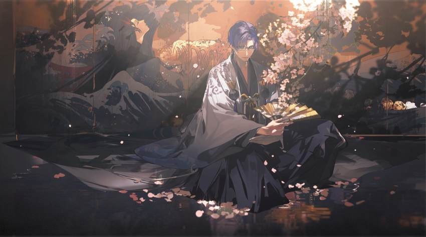 1boy absurdres bishounen black_kimono blue_eyes blue_hair blue_hakama cherry_blossoms clarence_clayden closed_mouth falling_petals flower folding_fan full_body glasses hakama hakama_pants hand_fan haori highres holding holding_fan jacket japanese_clothes kimono layered_sleeves light_smile long_sleeves looking_at_viewer lovebrush_chronicles male_focus open_clothes open_jacket pants parted_bangs petals pink_flower reflection reflective_water short_hair short_kimono shouji shule_de_yu sitting_on_liquid sliding_doors solo white_jacket white_sleeves wide_sleeves