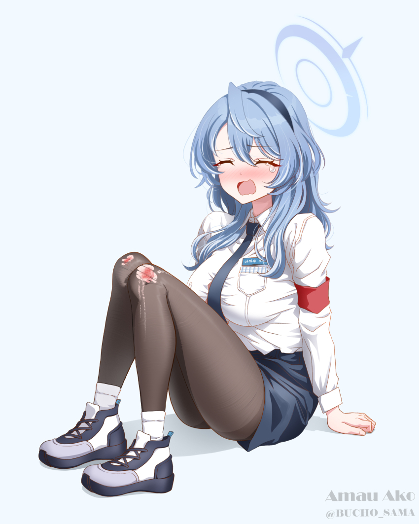 1girl absurdres ako_(blue_archive) armband ass black_pantyhose blue_archive blue_hair blush breasts bucho_sama hairband halo highres long_hair medium_breasts necktie pantyhose pencil_skirt school_uniform shoes sitting skirt sneakers socks solo torn_clothes torn_pantyhose variant_set white_socks