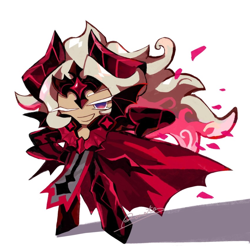 1boy armored_boots armored_gloves artist_name black_bodysuit black_boots black_gloves black_wings blonde_hair bodysuit boots cape cookie_run cookie_run:_kingdom full_body gem gloves hand_on_own_hip highres horns legs_apart long_hair looking_at_viewer madeleine_cookie madeleine_cookie_(crimson_knight) male_focus multicolored_eyes official_alternate_costume official_alternate_eye_color one_eye_closed open_mouth outstretched_arm purple_eyes red_cape red_eyes red_gemstone red_horns rn9j shadow simple_background smile solo standing two-tone_eyes white_background wings