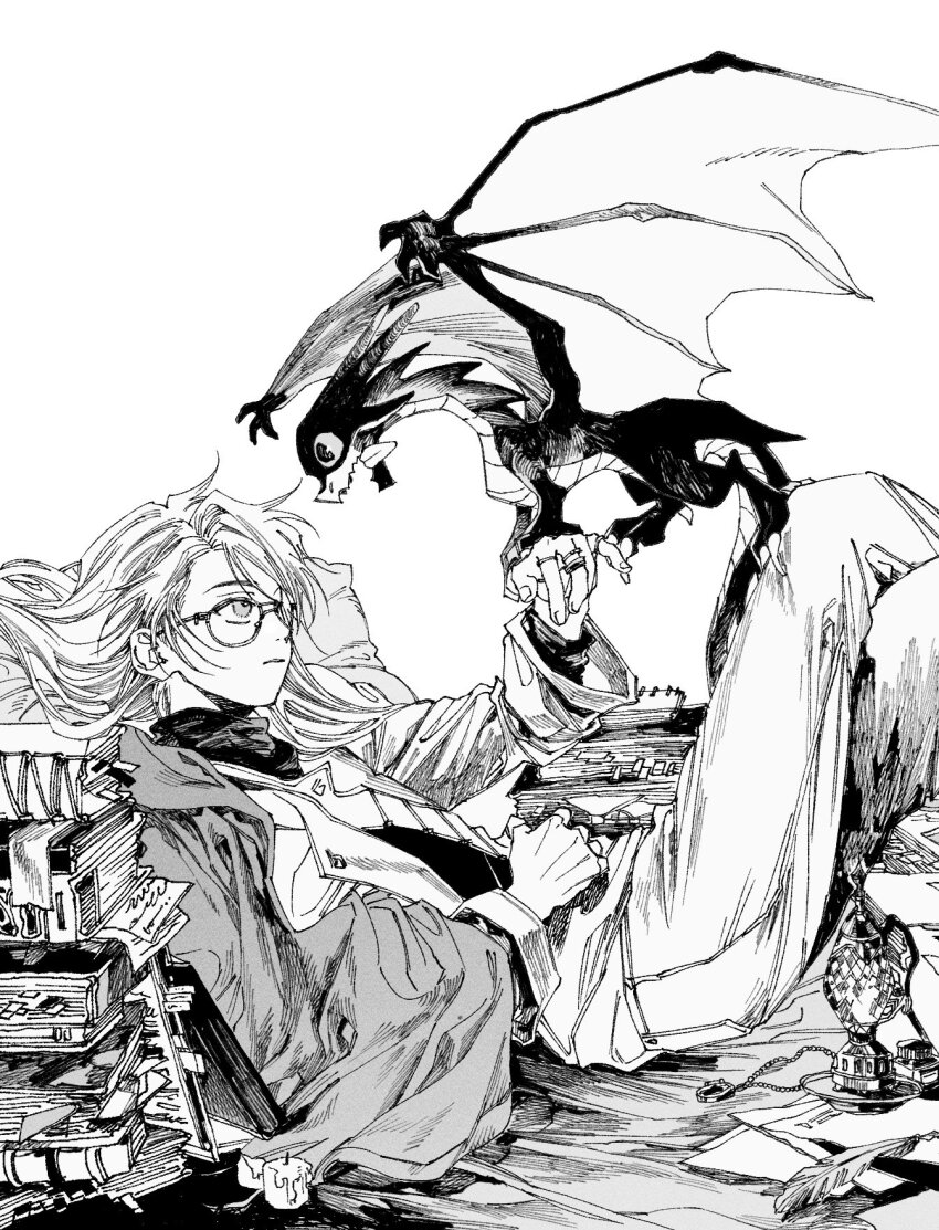 1girl book book_stack candle chae_88in creature_on_hand crossed_legs dragon glasses greyscale hand_up hatching_(texture) highres jewelry lamp long_hair long_sleeves looking_at_creature lying monochrome multiple_rings on_back original pants quill ring solo white_background
