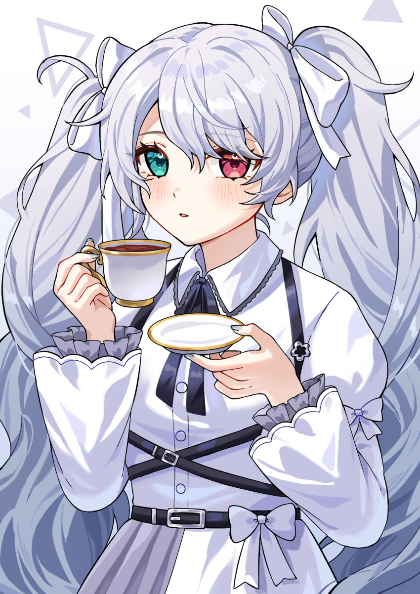 1girl 25-ji_miku 25-ji_nightcord_de._(project_sekai) blush bow collared_dress cup dress green_eyes grey_hair hair_bow hatsune_miku heterochromia highres holding holding_cup holding_plate long_hair long_sleeves looking_at_viewer orikawaz parted_lips pink_eyes plate project_sekai solo teacup twintails very_long_hair vocaloid white_bow white_dress