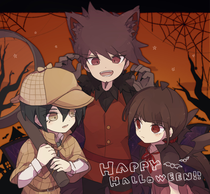 1girl 2boys animal_ear_fluff animal_ears bare_tree bat_(animal) belt belt_buckle black_capelet black_coat black_hair black_pants black_shirt blue_necktie bow brown_belt brown_bow brown_capelet brown_hair brown_hat brown_vest buckle buttons capelet claw_pose claws closed_mouth cloud coat collarbone collared_capelet collared_shirt commentary_request cowboy_shot danganronpa_(series) danganronpa_v3:_killing_harmony deerstalker detective dress expressionless eyelashes facial_hair fangs fur-trimmed_coat fur-trimmed_sleeves fur_trim gloves goatee grey_gloves hair_ornament hair_scrunchie halloween_costume happy happy_halloween harukawa_maki hat hat_bow height_difference high_collar highres holding holding_magnifying_glass light_blush long_hair long_sleeves looking_at_another low_twintails magnifying_glass mansion momota_kaito multiple_boys neck_ribbon necktie official_alternate_costume open_clothes open_coat open_mouth orange_background over_shoulder pale_skin pants pink_dress plaid_capelet plaid_clothes plaid_headwear plaid_vest purple_coat purple_eyes purple_hair red_eyes red_ribbon red_scrunchie red_vest ribbon ruri_(2620981) saihara_shuichi scrunchie shirt short_hair silk simple_background smile space_print spider_web spiked_hair star_(symbol) starry_sky_print teeth thigh_strap tree twintails two-sided_capelet two-sided_coat two-sided_fabric upper_teeth_only vampire_costume very_long_hair vest werewolf_costume white_shirt wolf_ears yellow_eyes