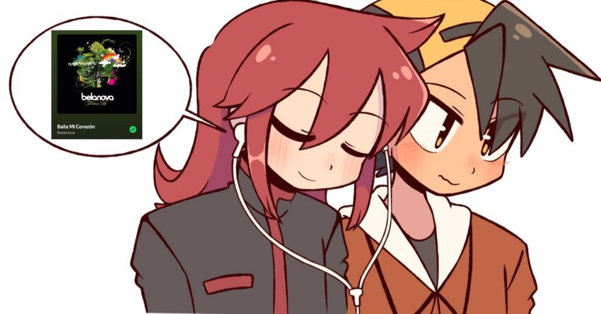 2boys backwards_hat baseball_cap black_hair blush brown_eyes closed_eyes closed_mouth earbuds earphones ethan_(pokemon) hat highres hood hood_down hoodie long_hair long_sleeves male_focus multiple_boys nintendo pokemon pokemon_hgss red_hair red_hoodie shared_earphones short_hair silver_(pokemon) simple_background smile sofo_soup speech_bubble white_background