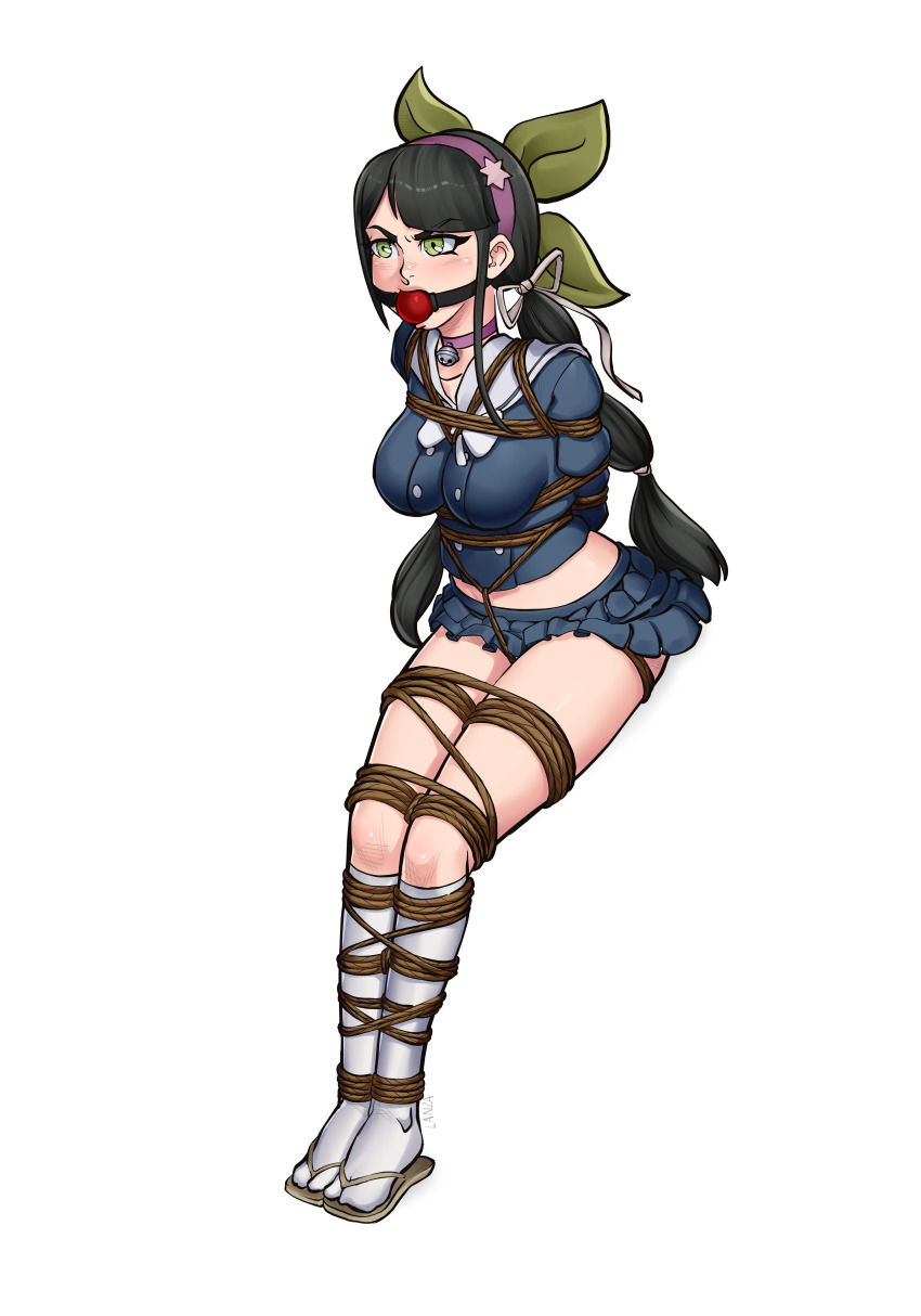 1girl absurdres angry asymmetrical_hair ball_gag bdsm bell black_hair blue_shirt blue_skirt bondage bound bound_ankles bound_arms bound_legs bound_thighs bow bowtie breasts chabashira_tenko choker commission commissioner_upload crotch_rope danganronpa_(series) danganronpa_v3:_killing_harmony gag gagged green_eyes hair_ornament hairband headband highres large_breasts long_hair neck_bell non-web_source pink_choker ponytail purple_hairband restrained rope sailor_collar shibari shirt sidelocks skirt slippers socks solo star_(symbol) star_hair_ornament thunkstudio transparent_background twintails variant_set white_bow white_bowtie white_sailor_collar white_socks