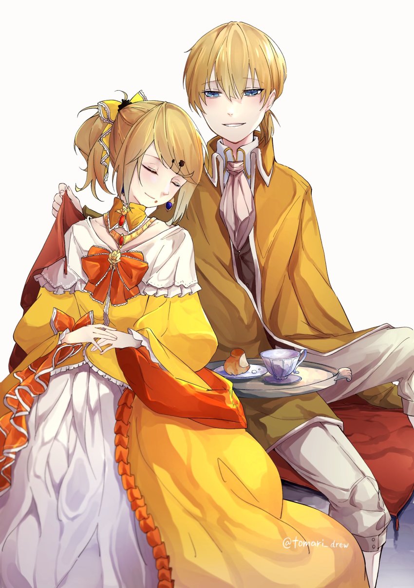 aku_no_meshitsukai_(vocaloid) aku_no_musume_(vocaloid) ascot blonde_hair blue_eyes bow brioche brooch brother_and_sister choker closed_eyes closed_mouth cup dress dress_bow earrings evillious_nendaiki frilled_choker frills hair_bow half-closed_eyes highres jacket jewelry kagamine_len kagamine_rin leaning_on_person off_shoulder orange_bow pale_skin pants parted_lips ponytail short_ponytail siblings sidelocks sitting sleeping sleeping_on_person smile swept_bangs tea teacup teapot tomari_drew twins twitter_username vocaloid white_pants wide_sleeves yellow_bow yellow_choker yellow_dress yellow_jacket