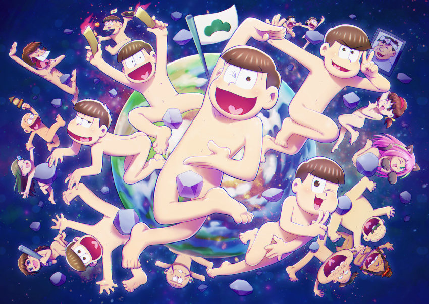 &gt;_&lt; 10s 6+boys 6+girls :d ;3 ;d ^_^ akatsuka_fujio animal_ears arm_up arms_up ass back bald barefoot baseball_bat black_eyes black_hair blank_eyes blue_eyes blue_flower braid brothers buck_teeth cat_ears cat_tail chibita closed_eyes convenient_censoring covering_crotch covering_privates dark_skin dayoon dayoon_girl debris dekapan envelope facial_hair family fire flag floating flower flower_fairy_(osomatsu-kun) food framed glasses green_hair hair_bun hair_flower hair_ornament hairband hairy_legs half-closed_eyes hashimoto_nyaa hatabou heart heart_in_mouth highres hijirisawa_shonosuke holding holding_food holding_hands holding_plate husband_and_wife iyami jyushimatsu&#039;s_girlfriend leg_up low_twintails matsuno_choromatsu matsuno_ichimatsu matsuno_jyushimatsu matsuno_karamatsu matsuno_matsuyo matsuno_matsuzou matsuno_osomatsu matsuno_todomatsu meat multicolored_hair multiple_boys multiple_girls mustache navel nude one_eye_closed open_mouth osomatsu-kun osomatsu-san osomatsu_(series) outstretched_arm outstretched_arms photo_(object) picture_frame pink_hair planet plate purple_eyes ribs rock round_eyewear running sextuplets sheeeh! short_twintails show_chiku-by siblings single_braid single_hair_bun smile soles space spread_arms stomach streaked_hair tail teeth tongue tongue_out twin_braids twintails whiskers yowai_totoko