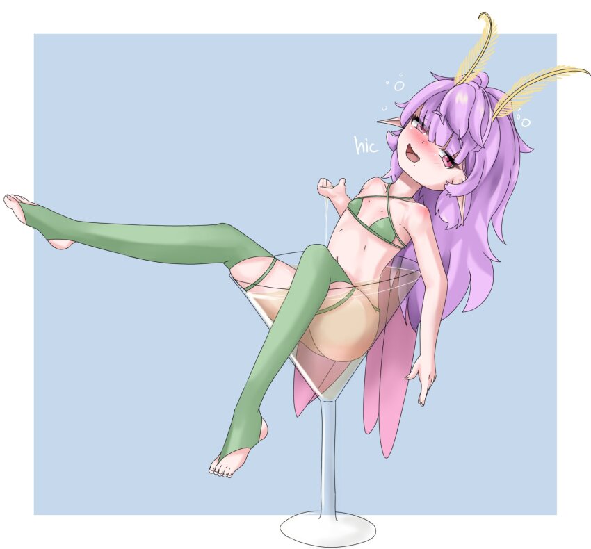 1girl ass bare_shoulders blush cocktail_glass cup drinking_glass drunk equus_ignis fairy feet highres loli long_hair looking_at_viewer mini_person mole muu_muyu navel open_mouth partially_submerged phase_connect pink_eyes pointy_ears purple_hair solo sound_effects tagme thighhighs virtual_youtuber wings