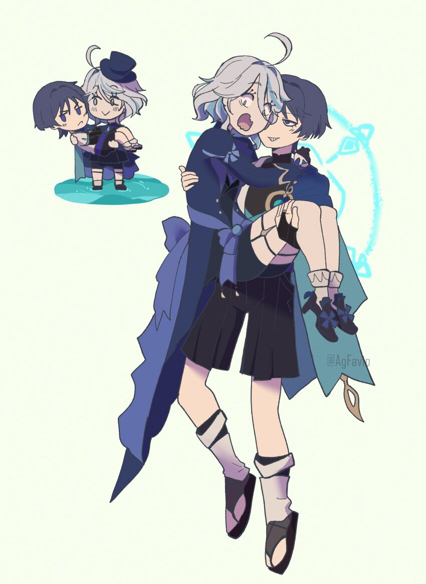 1boy 1girl absurdres agfavio ahoge arm_around_shoulder armor ascot averting_eyes black_bridal_gauntlets black_gloves black_hair black_hat black_leggings black_sand black_shoes black_shorts black_vest blue_bow blue_cape blue_coat blue_gemstone blue_hair blue_halo blue_kimono blue_sleeves blunt_ends blush bow bridal_gauntlets cape carrying chibi chibi_inset closed_mouth coat coattails constricted_pupils cowlick floating footwear_bow furina_(genshin_impact) furisode gem genshin_impact gloves gold gold_ring grin hair_intakes hakama hakama_shorts half-closed_eyes half_gloves halo han&#039;eri hand_on_another&#039;s_back hand_on_another&#039;s_shoulder hand_on_another&#039;s_thigh hat high_heels highres japanese_armor japanese_clothes kimono kote kurokote layered_kimono layered_sleeves leg_warmers leggings levitation long_sleeves looking_at_another looking_down middle_ring mini_hat mini_top_hat multicolored_hair multiple_views open_clothes open_kimono open_mouth pleated_shorts princess_carry purple_ascot purple_eyes purple_sleeves raised_eyebrows ripples role_reversal sandals scaramouche_(genshin_impact) scared shoes short_hair short_sleeves shorts smile socks standing standing_on_liquid stirrup_legwear streaked_hair teeth thigh_strap toeless_legwear top_hat twitter_username vest vision_(genshin_impact) wanderer_(genshin_impact) white_background white_hair white_kimono white_leg_warmers white_sleeves white_socks zouri