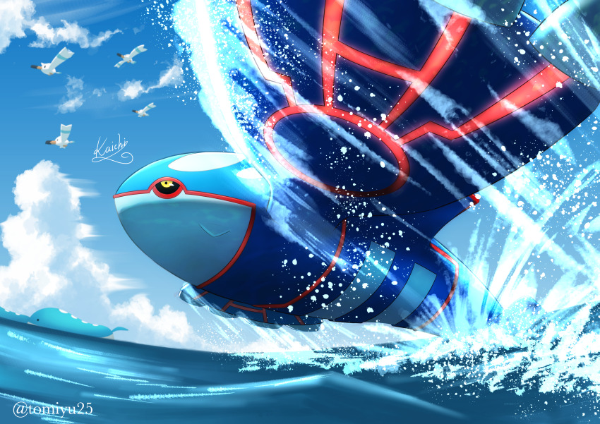 absurdres black_sclera closed_mouth cloud colored_sclera commentary_request day from_side gen_3_pokemon highres kaichi_(tomiyu25) kyogre legendary_pokemon nintendo no_humans outdoors pokemon pokemon_(creature) signature sky water wingull yellow_eyes