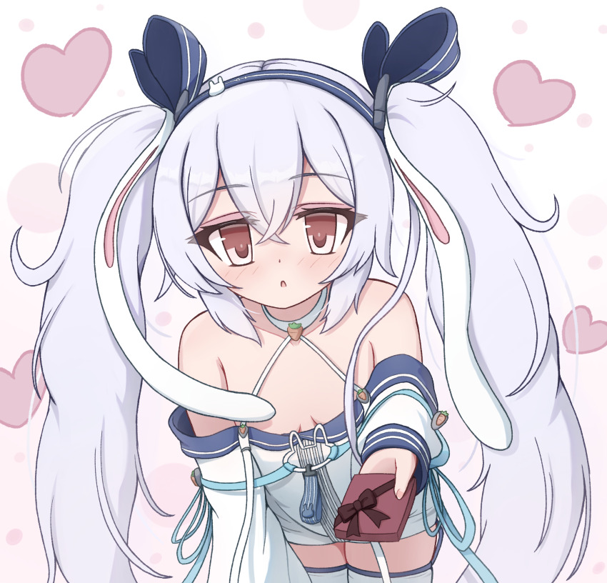 1girl :o animal_ears azur_lane blue_hairband blue_headband blue_ribbon blue_sleeve_cuffs bow box box_of_chocolates breasts chestnut_mouth chocolate commentary_request cowboy_shot crossed_bangs dress dvomil fake_animal_ears fingernails food from_above garter_straps gift gift_box hair_between_eyes hairband halterneck headband heart highres holding holding_box holding_chocolate holding_food holding_gift incoming_gift laffey_(azur_lane) laffey_ii_(azur_lane) long_hair long_sleeves looking_at_viewer off_shoulder open_mouth pantyhose rabbit_brooch rabbit_ears rabbit_o-ring red_bow red_eyes ribbon simple_background sleeves_past_fingers sleeves_past_wrists small_breasts solo thighhighs twintails valentine very_long_hair white_dress white_hair white_pantyhose white_thighhighs