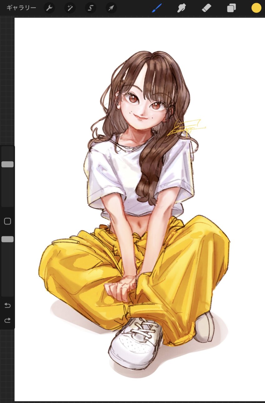 1girl actor art_program_in_frame artist_name baggy_pants brown_eyes brown_hair closed_mouth collarbone commentary_request crop_top full_body hair_over_shoulder hand_on_own_leg highres indian_style knee_up komuzuka light_smile long_hair midriff mole mole_above_mouth nakamura_yukari_(voice_actor) navel pants real_life shirt shoes short_hair signature simple_background sitting sneakers solo v_arms white_background white_shirt white_sneakers wide_sleeves yellow_pants