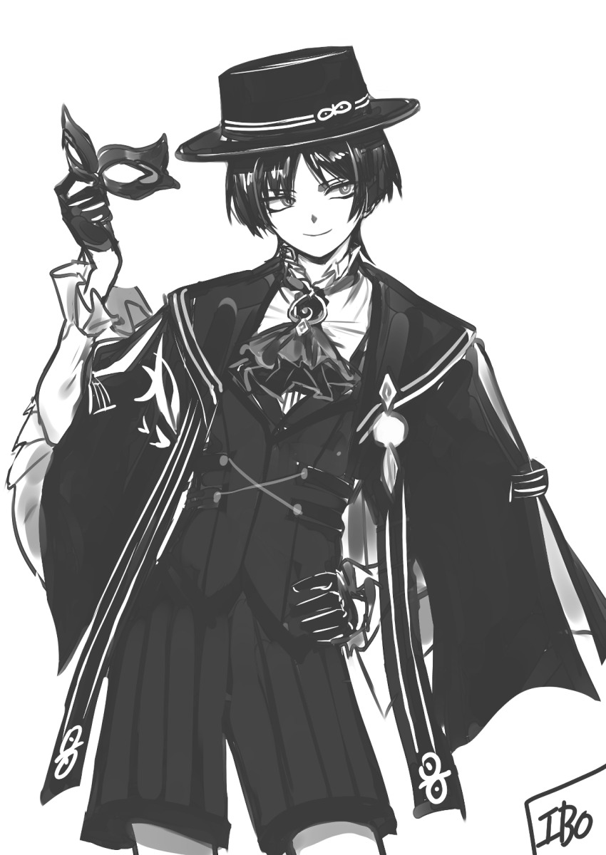 1boy 49ibo240 alternate_costume arm_at_side artist_name ascot blunt_ends boater_hat coat coat_on_shoulders contrapposto cowboy_shot eye_mask formal_clothes frilled_shirt_collar frilled_sleeves frills genshin_impact gloves greyscale half_gloves hand_on_own_hip hand_up highres holding holding_mask hoyofair lapels long_sleeves looking_to_the_side male_focus mask monochrome parted_bangs pleated_shorts ringed_eyes scaramouche_(genshin_impact) smile solo tsurime undershirt vest wanderer_(genshin_fes_2026)_(genshin_impact) wanderer_(genshin_impact) white_background