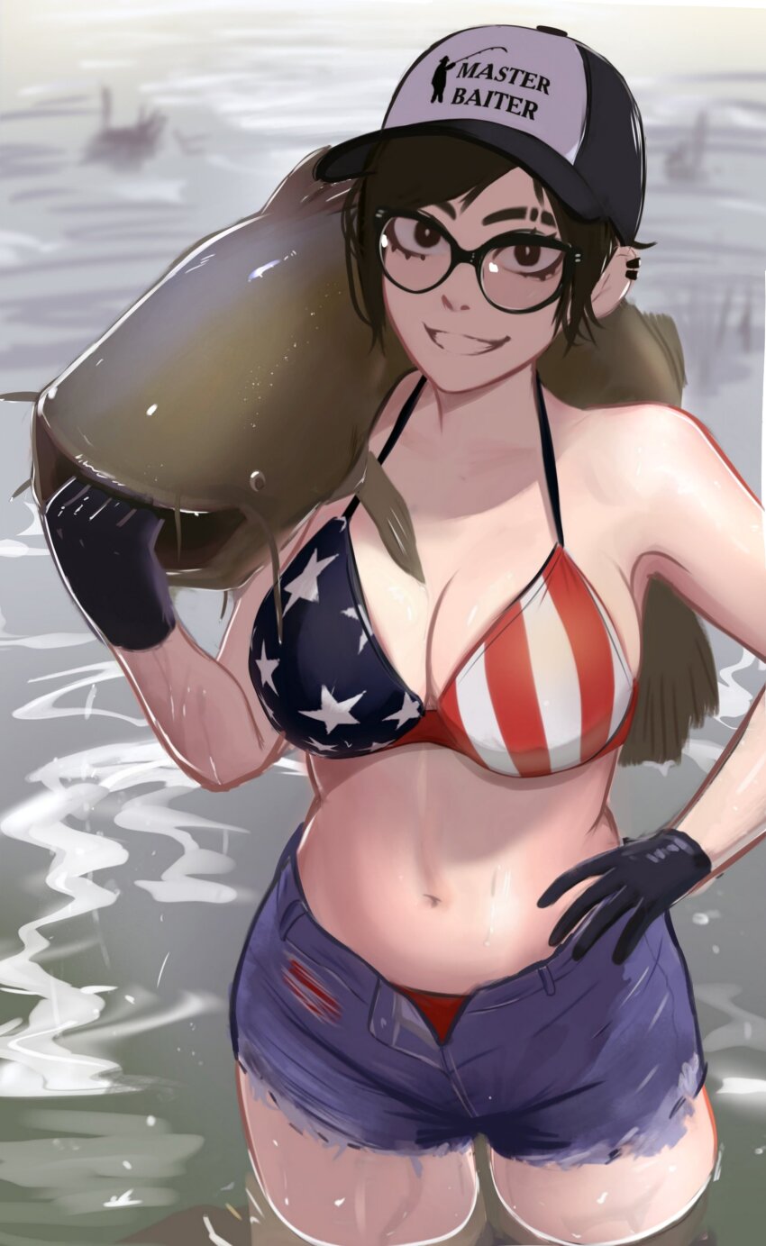 1girl absurdres american_flag american_flag_bikini american_flag_print animal baseball_cap bikini black-framed_eyewear black_eyes black_gloves black_hair breasts catfish cleavage cowboy_shot denim denim_shorts eyebrow_cut fish fishing flag_print glasses gloves hand_on_own_hip happy hat highres holding holding_animal holding_fish large_breasts linea_alba looking_at_viewer navel original outdoors print_bikini print_headwear river rosen_(veyonis) short_hair shorts sidelocks smile standing swimsuit teeth veyonis wading water wet wet_clothes