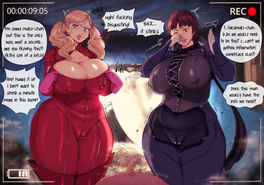 1boy 2girls bittercream black_bodysuit blonde_hair blue_eyes bodysuit breasts brown_hair bug cleavage cleft_of_venus covered_erect_nipples covering_nose english_text flaccid fly huge_breasts insect looking_at_viewer multiple_girls niijima_makoto one_eye_closed penis persona persona_5 plump precum pussy_juice pussy_juice_drip_through_clothes recording red_bodysuit red_eyes small_penis standing takamaki_anne thick_thighs thighs twintails viewfinder wide_hips