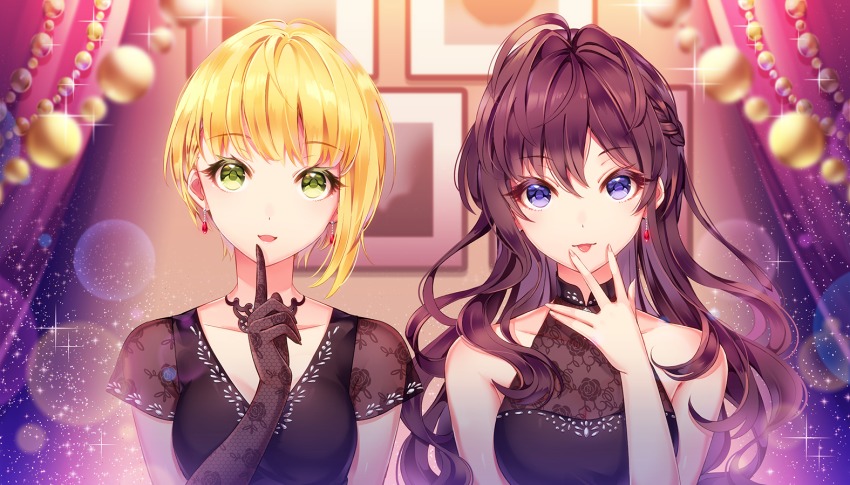 2girls :d black_dress black_gloves blonde_hair blue_eyes breasts brown_hair cleavage collarbone crazy_crazy_(idolmaster) dress earrings elbow_gloves floating_hair gloves green_eyes hair_between_eyes ichinose_shiki idolmaster idolmaster_cinderella_girls index_finger_raised jewelry kina_(446964) lens_flare long_hair looking_at_viewer medium_breasts miyamoto_frederica multiple_girls open_mouth see-through_clothes see-through_cleavage short_hair sleeveless sleeveless_dress smile sparkle tongue tongue_out upper_body very_long_hair