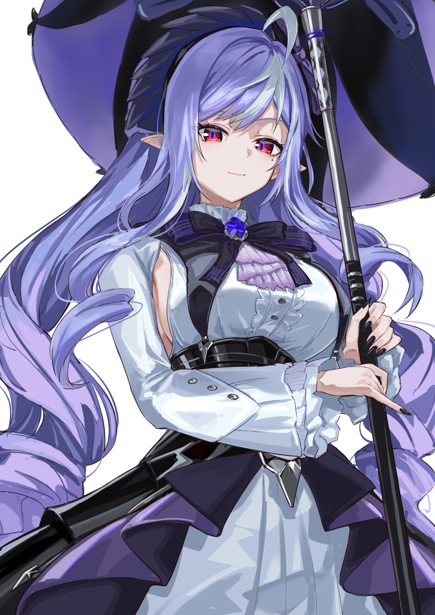 1girl absurdres ahoge ascot black_bow black_bowtie black_dress black_nails bow bowtie breasts closed_mouth dress frilled_dress frills hairband highres holding holding_umbrella long_hair long_sleeves looking_at_viewer medium_breasts mole mole_under_eye multicolored_hair nail_polish pointy_ears purple_ascot purple_dress purple_hair purple_hairband purple_umbrella red_eyes ringlets sakazuki_sudama sideboob sidelocks smile solo two-tone_hair umbrella very_long_hair vivian_banshee white_hair zenless_zone_zero