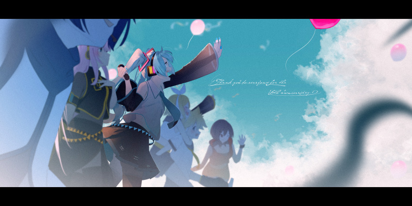 2boys 4girls absurdres anniversary aqua_eyes aqua_hair aqua_nails balloon black_shorts black_skirt black_sleeves blonde_hair blue_scarf blue_sky blurry breasts brown_hair cloud collared_shirt commentary_request detached_sleeves hatsune_miku highres holding holding_microphone jacket kagamine_len kagamine_rin kaito_(vocaloid) long_sleeves looking_to_the_side megurine_luka meiko_(vocaloid) microphone multiple_boys multiple_girls one_eye_closed open_mouth profile red_skirt red_wrist_cuffs sanasedayo scarf shirt shorts skirt sky sleeveless sleeveless_shirt solo_focus teeth twintails upper_teeth_only vocaloid white_jacket white_shirt wrist_cuffs