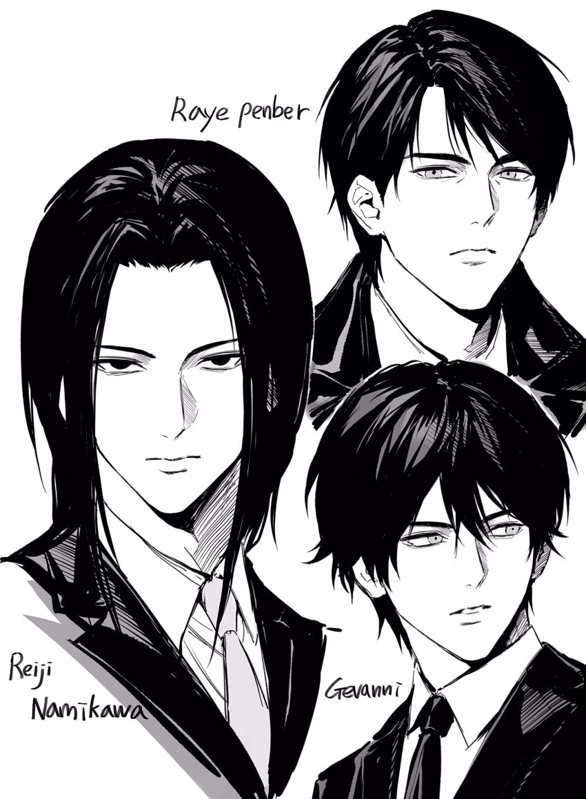 3boys black_hair character_name death_note greyscale highres lips male_focus monochrome multiple_boys namikawa_reiji necktie raye_penber shirt sso_s stephen_gevanni white_background