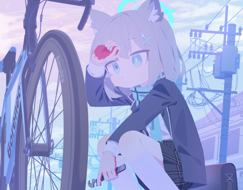 1girl :/ absurdres aimpoleume animal_ear_fluff animal_ears bicycle black_jacket black_skirt blue_archive blue_eyes blue_halo blue_scarf briefcase closed_mouth commentary cross cross_hair_ornament day feet_out_of_frame grey_hair hair_between_eyes hair_ornament halo highres holding holding_wrench house inverted_cross jacket long_sleeves medium_hair mismatched_pupils open_clothes open_jacket outdoors pleated_skirt power_lines scarf school_briefcase school_uniform scratches shiroko_(blue_archive) skirt solo squatting transformer utility_pole wolf_ears wrench