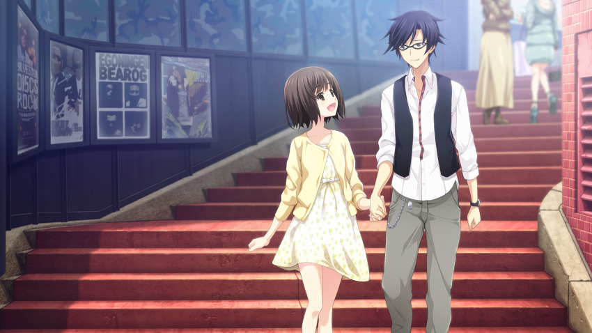1boy 1girl belt_ribbon blunt_bangs blush bow brown_eyes brown_hair cardigan chain chaos;child chaos;child_love_chu_chu!! clenched_hand collarbone collared_shirt dating dress floral_print floral_print_dress game_cg glasses grey_pants highres holding_hands light_blush looking_at_another miyashiro_takuru necktie non-web_source official_art on_stairs open_collar open_mouth pants print_dress sasaki_mutsumi sash shirt short_hair stairs sundress tachibana_yui thighs undone_necktie waist_sash white_sash white_shirt
