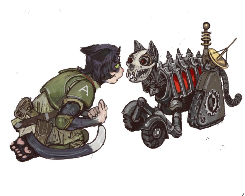 1girl adeptus_mechanicus animal_ears armor astra_militarum black_hair cat_ears cat_girl cat_tail caterpillar_tracks elbow_pads felinid green_eyes highres imperium_of_man knee_pads kneeling military_combat_uniform military_uniform mossacannibalis pauldrons short_hair shoulder_armor tail warhammer_40k wheel