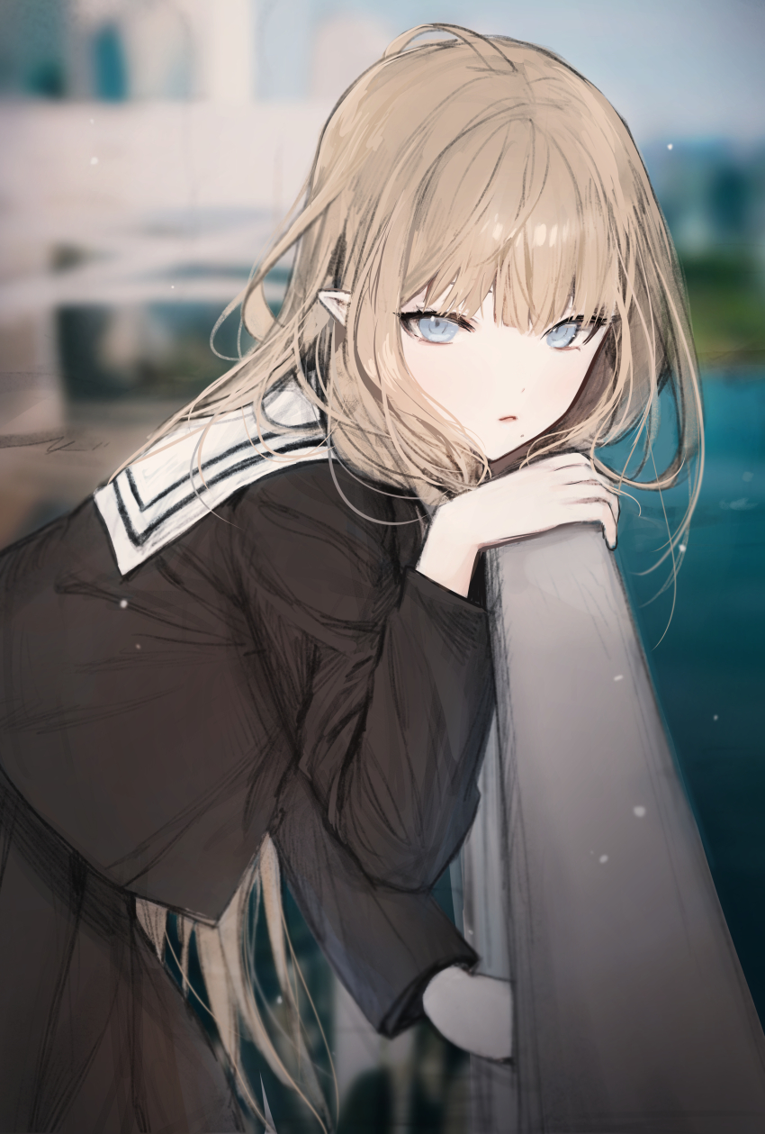 1girl absurdres against_railing black_serafuku black_skirt blonde_hair blue_eyes blunt_bangs blurry blurry_background closed_mouth depth_of_field from_side grey_eyes hibiwa highres light_particles long_hair long_sleeves looking_at_viewer looking_to_the_side original outdoors pleated_skirt pointy_ears railing sailor_collar school_uniform serafuku sidelocks skirt solo white_sailor_collar