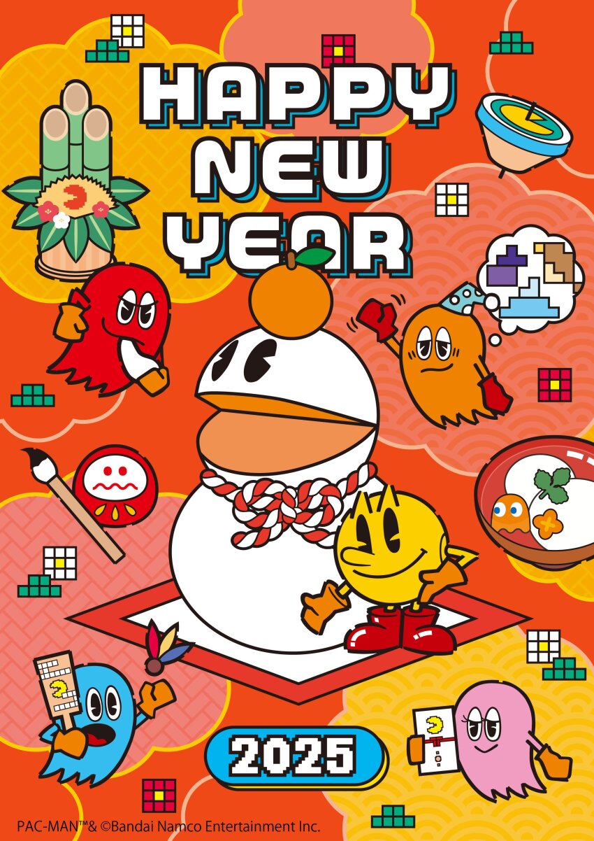 1girl 2025 4boys absurdres bamboo bandai bandai_namco blinky_(pac-man) clyde_(pac-man) daruma_doll food fruit fukuwarai ghost happy_new_year highres inky_(pac-man) mandarin_orange mochi multiple_boys namco new_year orange_background pac-man pac-man_(game) pinky_(pac-man) snowman