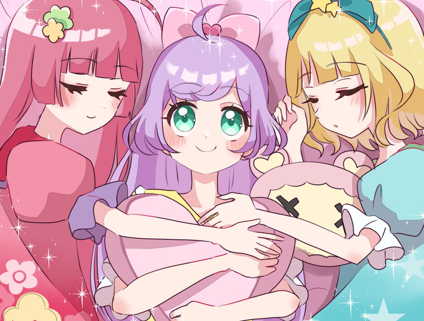 3girls absurdres blonde_hair blush bow closed_eyes closed_mouth green_eyes hair_bow heart highres hojo_sophy holding holding_heart long_hair looking_up madori_(1ldkplanet) manaka_laala minami_mirei multiple_girls pink_bow pretty_series pripara purple_hair red_hair short_hair sleeping_together smile