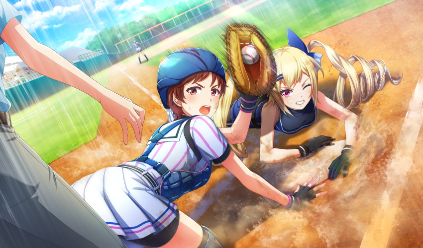 ball baseball baseball_(object) baseball_glove baseball_helmet baseball_stadium baseball_uniform belt bike_shorts_under_skirt black_belt black_gloves black_hair black_shorts black_undershirt blonde_hair blue_shirt blurry cinderella_series clenched_teeth depth_of_field drill_hair dust_cloud dutch_angle fingerless_gloves game_cg gloves grey_pants hachigatsu_no_cinderella_nine hair_ornament hairclip helmet highres holding holding_ball kousaka_tsubaki long_hair looking_at_another motion_blur motion_lines neckerchief non-web_source official_art one_eye_closed open_mouth outdoors pants pink_neckerchief playing_sports pleated_skirt red_eyes red_hair satogahama_baseball_uniform senba_ayako shinonome_ryo shirt shirt_under_shirt short_hair short_sleeves shorts skirt sleeveless sleeveless_shirt sliding speed_lines sportswear striped_belt striped_clothes striped_shirt teeth twin_drills umpire upper_teeth_only v-shaped_eyebrows vertical-striped_clothes vertical-striped_shirt wristband