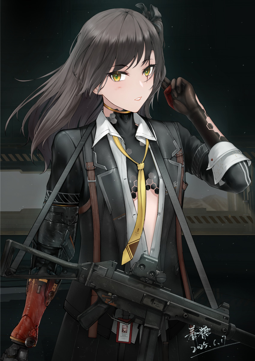 1girl absurdres black_jacket black_skirt breasts brown_eyes brown_hair commentary_request dated feet_out_of_frame gbobo girls&#039;_frontline girls&#039;_frontline_2:_exilium glowing glowing_eyes green_pupils gun h&amp;k_ump hand_in_own_hair highres holding holding_gun holding_weapon id_card jacket leva_(girls&#039;_frontline_2) long_hair looking_at_viewer mechanical_arms necktie open_clothes open_jacket open_mouth open_shirt parted_lips scar scar_across_eye scar_on_face shirt side_ponytail single_mechanical_arm skirt small_breasts solo standing submachine_gun ump45_(girls&#039;_frontline) weapon white_shirt yellow_necktie