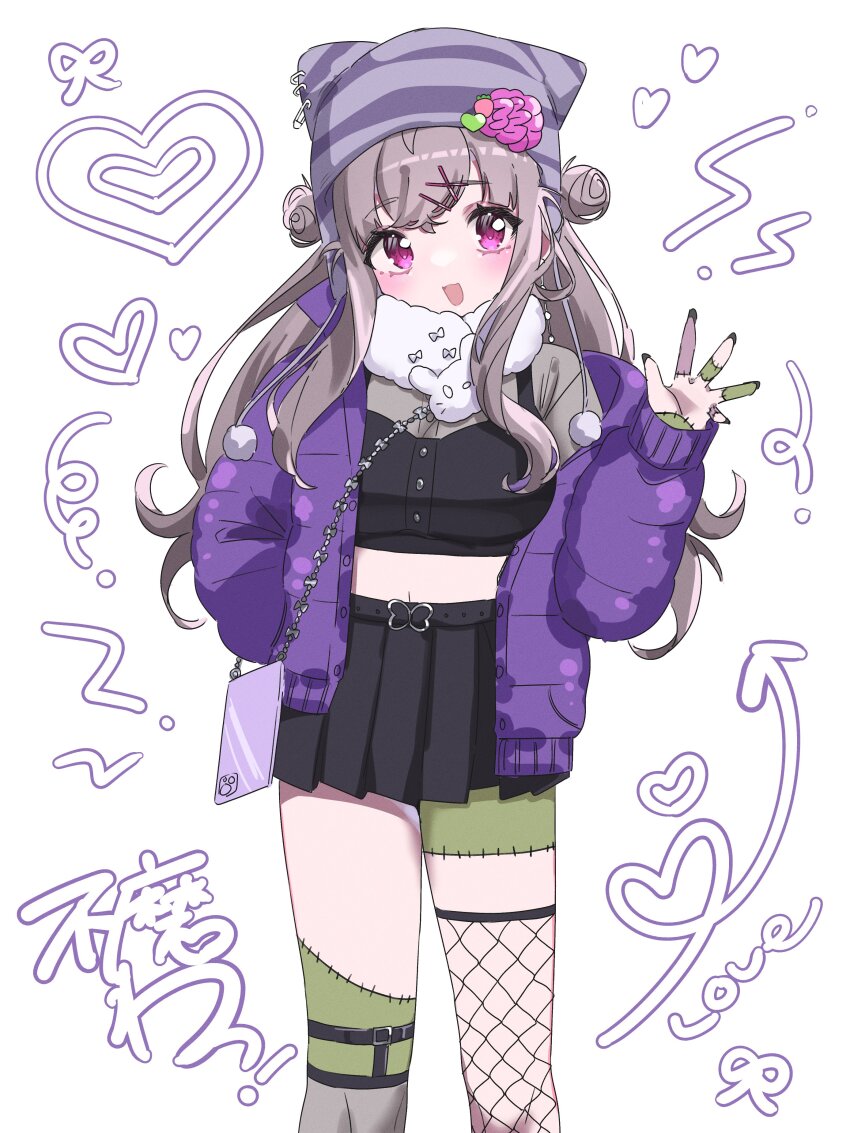 1girl absurdres bag beanie belt black_belt black_shirt black_skirt blush breasts colored_skin commentary_request crop_top double_bun feet_out_of_frame fishnet_thighhighs fishnets green_skin grey_hair grey_shirt hair_bun hair_ornament hairclip hand_in_pocket handbag hat heart highres huma_wat jacket long_hair long_sleeves looking_at_viewer medium_breasts midriff nanashi_inc. navel open_clothes open_jacket open_mouth patchwork_skin pink_hair pleated_skirt purple_hat purple_jacket shirt sidelocks simple_background single_thighhigh skirt smile solo standing stitches striped_clothes striped_headwear tamotsu_(mary) thighhighs translation_request virtual_youtuber waving white_background