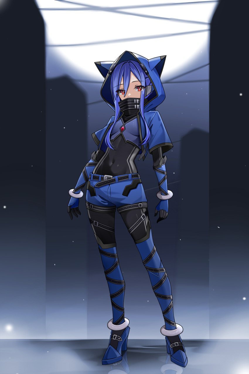 1girl absurdres alternate_costume animal_ears armor belt blue_armor bodystocking boots breasts cat_ears chest_jewel collared_shirt commission commissioner_upload crop_top effole_(fairy_fencer_f) fairy_fencer_f gauntlets gem gloves hair_bun highres hood hoodie long_hair mechanical_ears mega_man_(series) mega_man_zero_(series) navel non-web_source purple_hair red_eyes red_gemstone shirt short_sleeves shorts small_breasts thigh_boots wayanfa