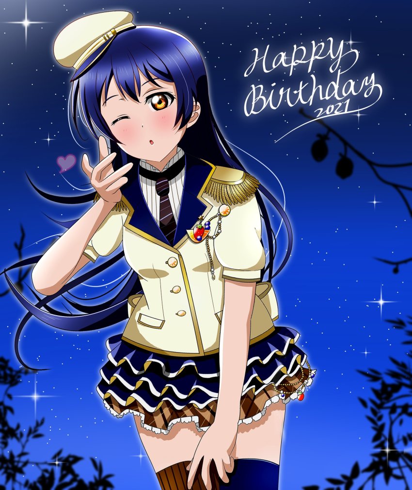 1girl 2021 :o ;) ;3 ;o absurdres artist_name artist_request asymmetrical_legwear back_bow black_necktie blowing_kiss blue_hair blue_legwear blue_skirt blue_sky blush bow breasts brown_bow brown_eyes brown_legwear brown_skirt checkered_clothes checkered_skirt cloud collared_shirt day dress dress_shirt epaulettes female_focus flower food food-themed_clothes food-themed_ornament frilled_skirt frills fruit gem gloves hair_between_eyes hat heart highres jacket layered_skirt leaning_forward light_brown_jacket long_hair looking_at_viewer love_live! love_live!_school_idol_festival love_live!_school_idol_project miniskirt mismatched_legwear necktie night night_sky one_eye_closed orange_(fruit) orange_slice outdoors parted_lips patterned_legwear peaked_cap pearl_(gemstone) pinstripe_pattern plaid_clothes plaid_skirt pleated pleated_skirt puffy_short_sleeves puffy_sleeves red_upholstery sash shirt short_sleeves skirt sky small_breasts smile solo sonoda_umi sparkle star_(sky) star_(symbol) star_print strawberry striped_legwear striped_necktie striped_neckwear suit_jacket uneven_legwear vertical-striped_legwear visor_cap visored_cap white_gloves white_shirt wink yellow_eyes