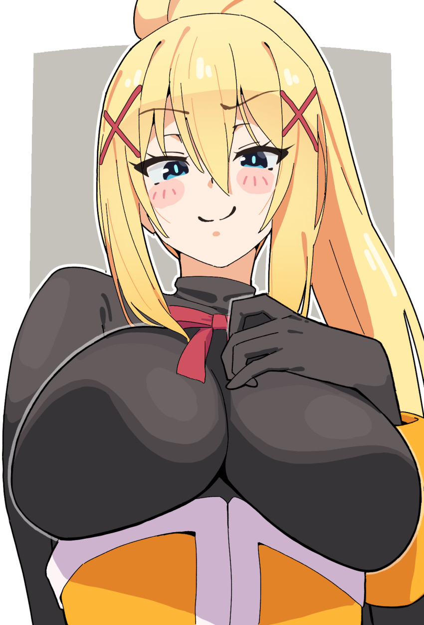 1girl black_bodystocking blush_stickers breasts commentary darkness_(konosuba) grey_background hair_between_eyes hair_ornament hand_on_own_chest high_ponytail highres kono_subarashii_sekai_ni_shukufuku_wo! large_breasts long_hair looking_at_viewer neck_ribbon noyama_takenoko ponytail red_ribbon ribbon simple_background smile smirk solo upper_body x_hair_ornament