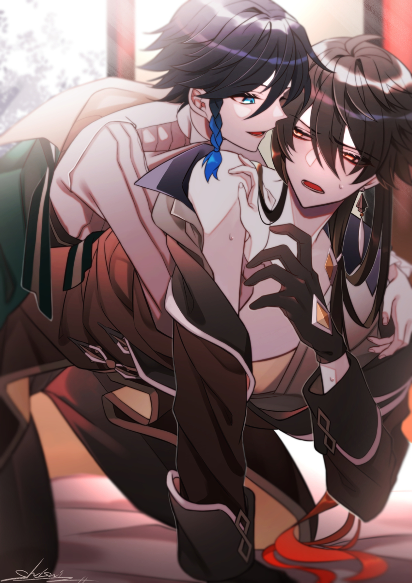 2boys ahoge black_gloves blue_hair blush zhongli_(genshin_impact) braid brown_hair collared_shirt commentary_request earrings genshin_impact gloves gradient_hair green_eyes hair_between_eyes hair_tie highres jewelry looking_at_another multicolored_hair multiple_boys open_mouth orange_eyes shirt shisui53 short_hair_with_long_locks sidelocks sweatdrop tassel tassel_earrings twin_braids venti_(genshin_impact) white_shirt wing_collar yaoi zhongli_(genshin_impact)