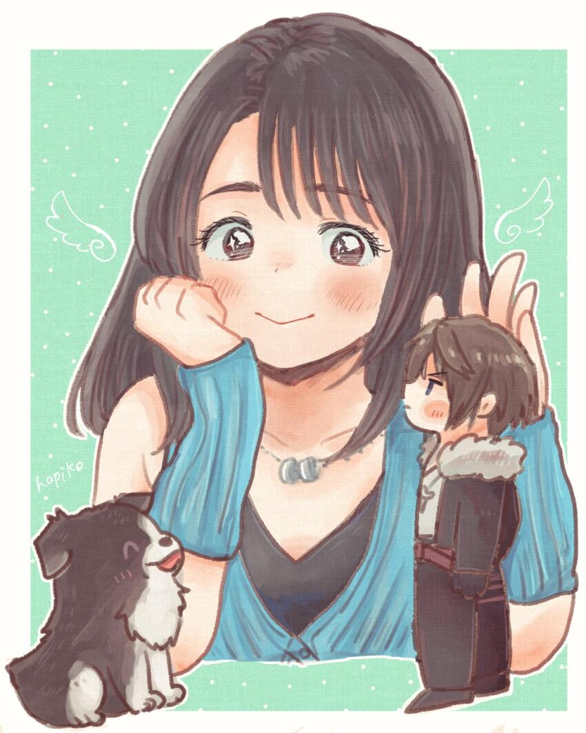 1boy 1girl angelo_(ff8) arm_warmers artist_name black_footwear black_gloves black_hair black_jacket black_pants black_shirt blue_cardigan blush border brown_eyes brown_hair cardigan chibi dog final_fantasy final_fantasy_viii fur-trimmed_jacket fur_trim gloves green_background hapiko_(hiyamugi_5555) head_on_hand highres jacket jewelry long_hair long_sleeves multicolored_hair necklace pants ring ring_necklace rinoa_heartilly shirt short_hair sleeveless sleeveless_shirt smile squall_leonhart streaked_hair white_border white_shirt wings