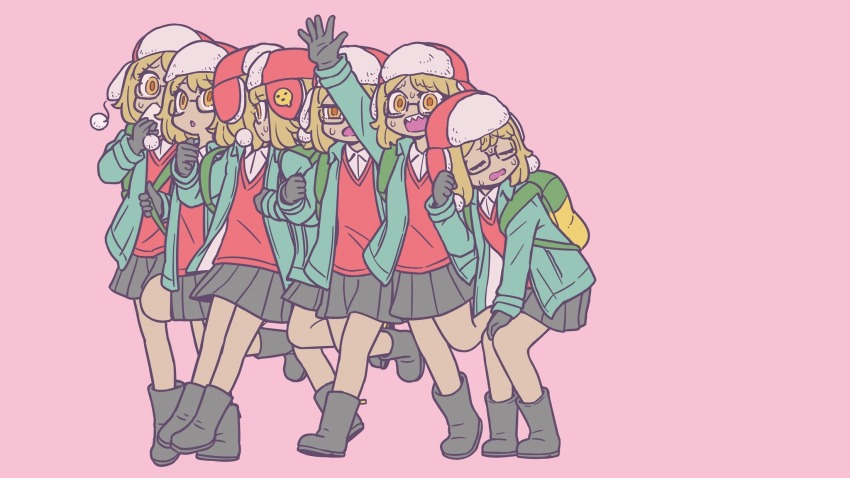 bag blonde_hair fate/grand_order fate_(series) fur_hat hat highres learning_with_manga!_fgo multiple_girls official_art pantyhose paul_bunyan_(fate) pink_background riyo_(lyomsnpmp) school_bag school_uniform short_hair super_bunyan_(fate) super_bunyan_(first_ascension)_(fate)