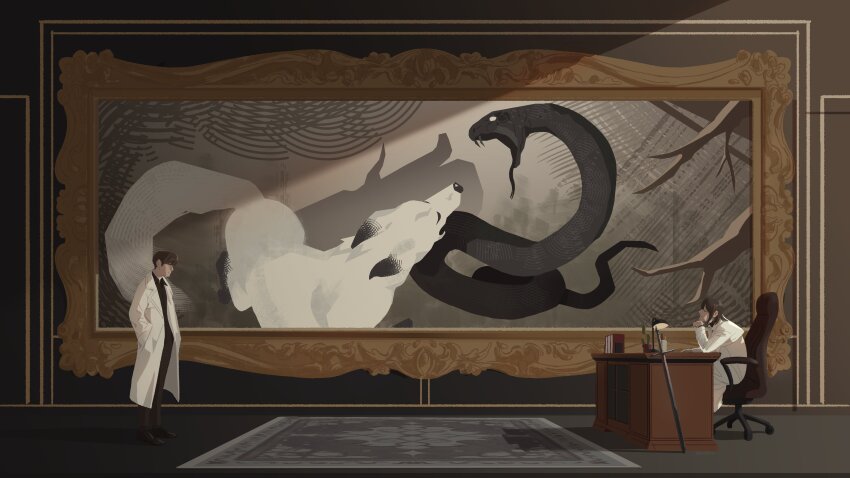 1boy 1girl absurdres black_hair black_shirt book book_stack chair coat collared_shirt cup desk desk_lamp elbow_rest from_side full_body han_sooyoung hands_in_pockets head_rest highres kim_dokja lamp light_rays looking_at_another matching_outfits official_alternate_costume omniscient_reader&#039;s_viewpoint open_clothes open_coat painting_(object) pen rug scenery shirt short_hair slouching snake umbrvx white_coat wide_shot wolf