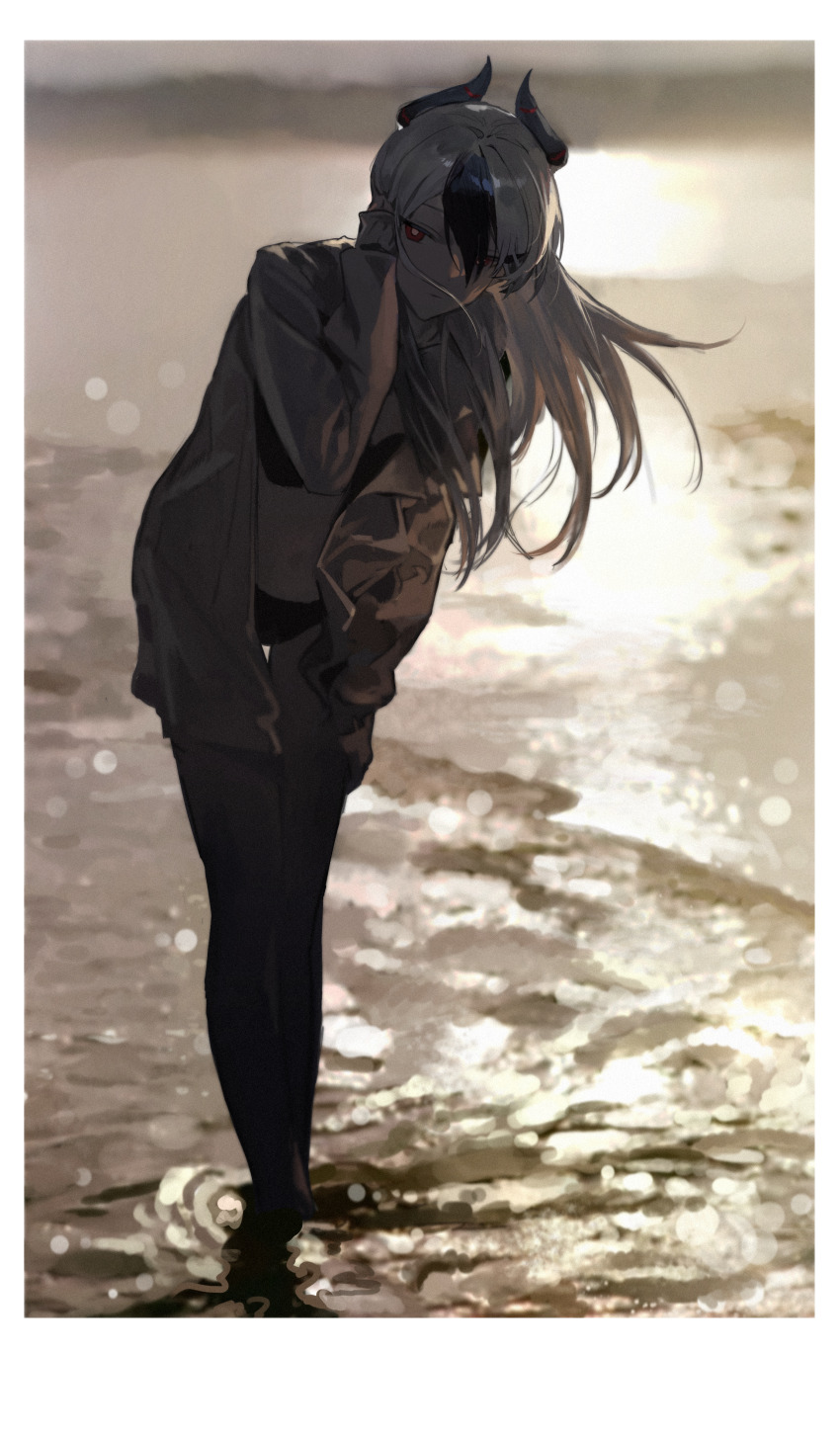 1girl absurdres alternate_costume bikini black_bikini black_hair blue_archive border bright_pupils closed_mouth commentary demon_horns full_body grey_hair hand_up highres horns kayoko_(blue_archive) leaning_forward long_hair long_sleeves looking_at_viewer monky multicolored_hair open_clothes open_shirt outdoors red_eyes shirt solo swimsuit two-tone_hair wading water white_border white_pupils white_shirt
