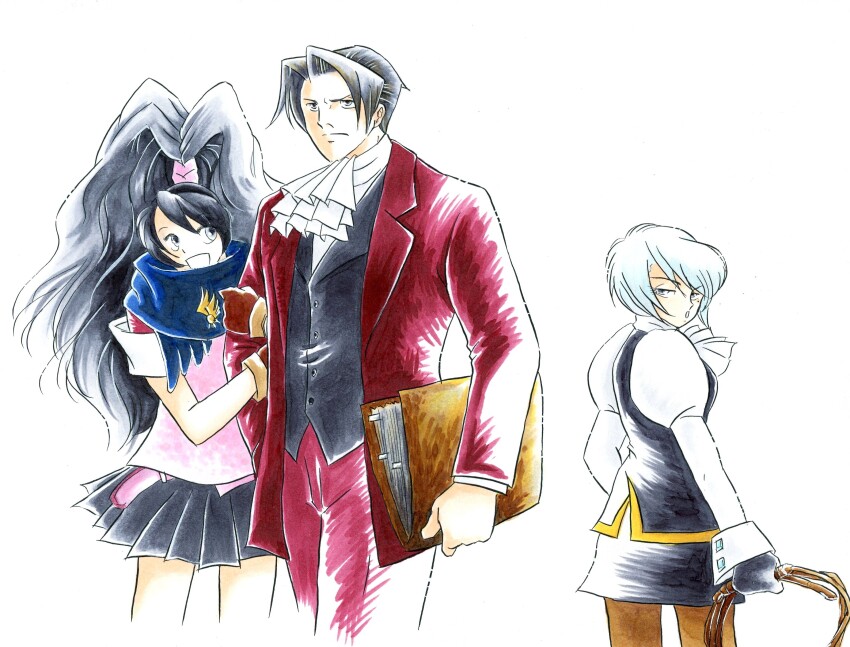 1boy 2girls :d absurdres ace_attorney ace_attorney_investigations ace_attorney_investigations:_miles_edgeworth ascot black_skirt black_vest blue_scarf brown_pantyhose formal_clothes franziska_von_karma frown gloves grey_eyes grey_hair highres holding holding_whip kaorunoyakata kay_faraday locked_arms long_hair long_sleeves miles_edgeworth multiple_girls open_mouth pants pantyhose pink_shirt red_gloves red_pants red_suit scarf shirt short_hair short_sleeves simple_background skirt smile standing suit very_long_hair vest white_ascot white_background
