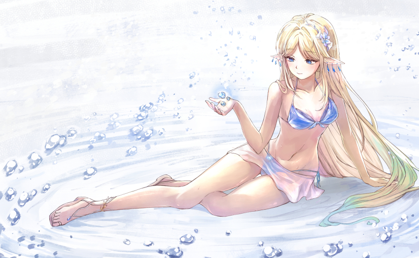 1girl absurdres alternate_costume arm_support bare_legs bare_shoulders bikini blonde_hair blue_bikini blue_eyes blue_flower breasts cartethyia_(wuthering_waves) closed_mouth collarbone commentary earrings feet flower front-tie_bikini_top front-tie_top full_body hair_flower hair_ornament highres jewelry jiji_(gjwr2448) legs long_hair looking_at_object medium_breasts navel pointy_ears sandals side-tie_bikini_bottom solo stomach swimsuit toes very_long_hair wuthering_waves