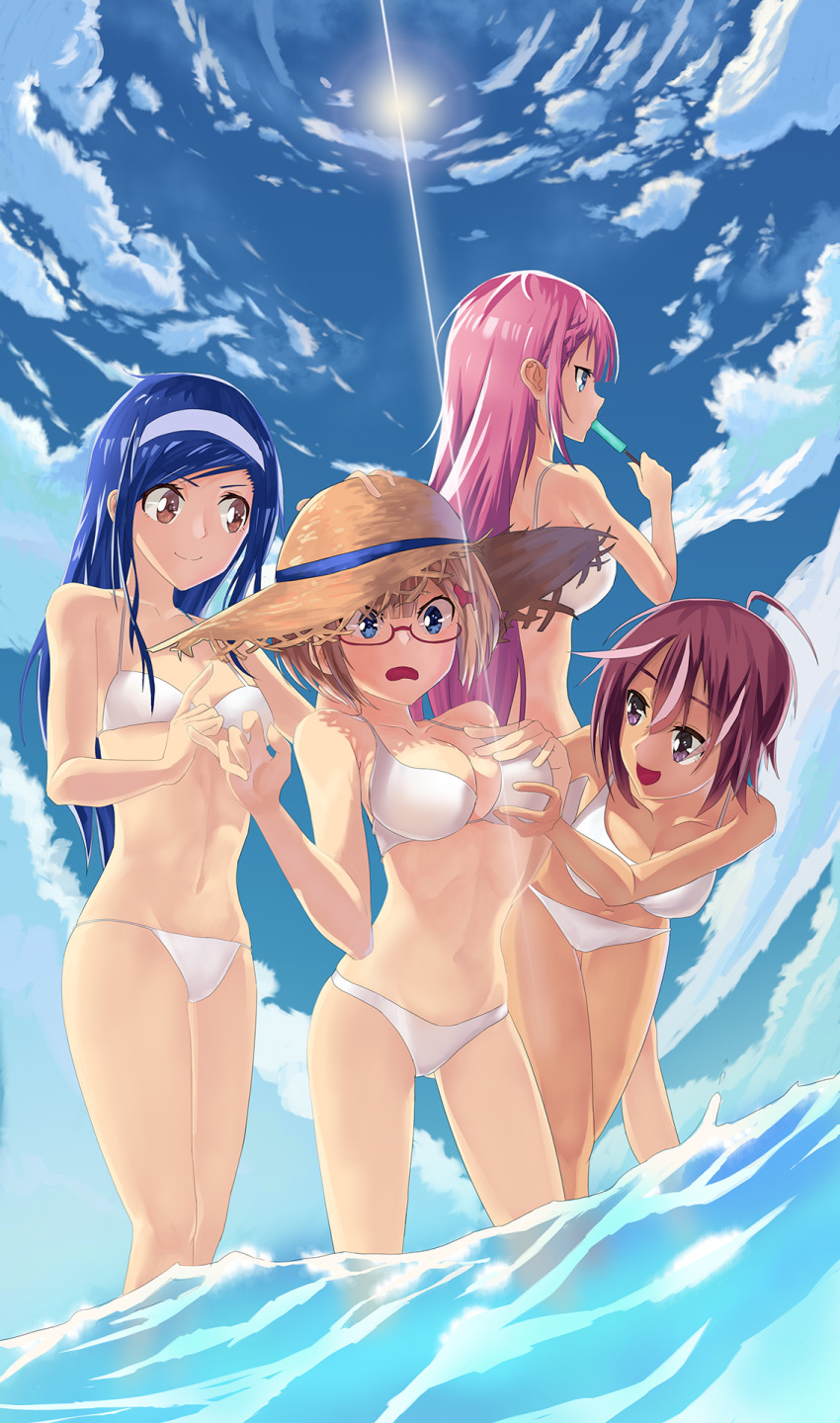 4girls ahoge aqua_eyes arms_up bikini blue_eyes blue_hair blush bokutachi_wa_benkyou_ga_dekinai braid breasts brown_eyes cleavage collarbone dark-skinned_female dark_skin day flat_chest food food_in_mouth furuhashi_fumino glasses grabbing_another&#039;s_breast groping hairband hat highres holding holding_food holding_popsicle in_water kirisu_mafuyu large_breasts long_hair medium_breasts mole mole_under_eye multiple_girls navel ocean ogata_rizu orange_hair outdoors pink_hair popsicle popsicle_in_mouth purple_eyes red_hair shiny_skin short_hair sky smile standing stomach straw_hat sun sun_hat swimsuit takemoto_uruka tan thighs wading white_bikini yuri