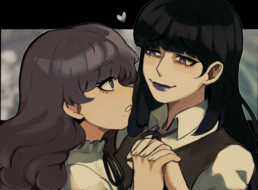 2girls absurdres black_dress black_hair black_lips black_ribbon bright_pupils brown_hair collared_shirt commentary dress eye_contact face_piercing fear_&amp;_hunger_(series) fear_&amp;_hunger_2:_termina frilled_shirt_collar frills heart highres holding_hands interlocked_fingers lips long_hair looking_at_another marina_(fear_&amp;_hunger) mouth_piercing multiple_girls neck_ribbon parted_lips piercing pinafore_dress purple_eyes ribbon samarie_(fear_&amp;_hunger) shirt sky_guy_art sleeveless sleeveless_dress smile teeth upper_body white_pupils white_shirt yuri