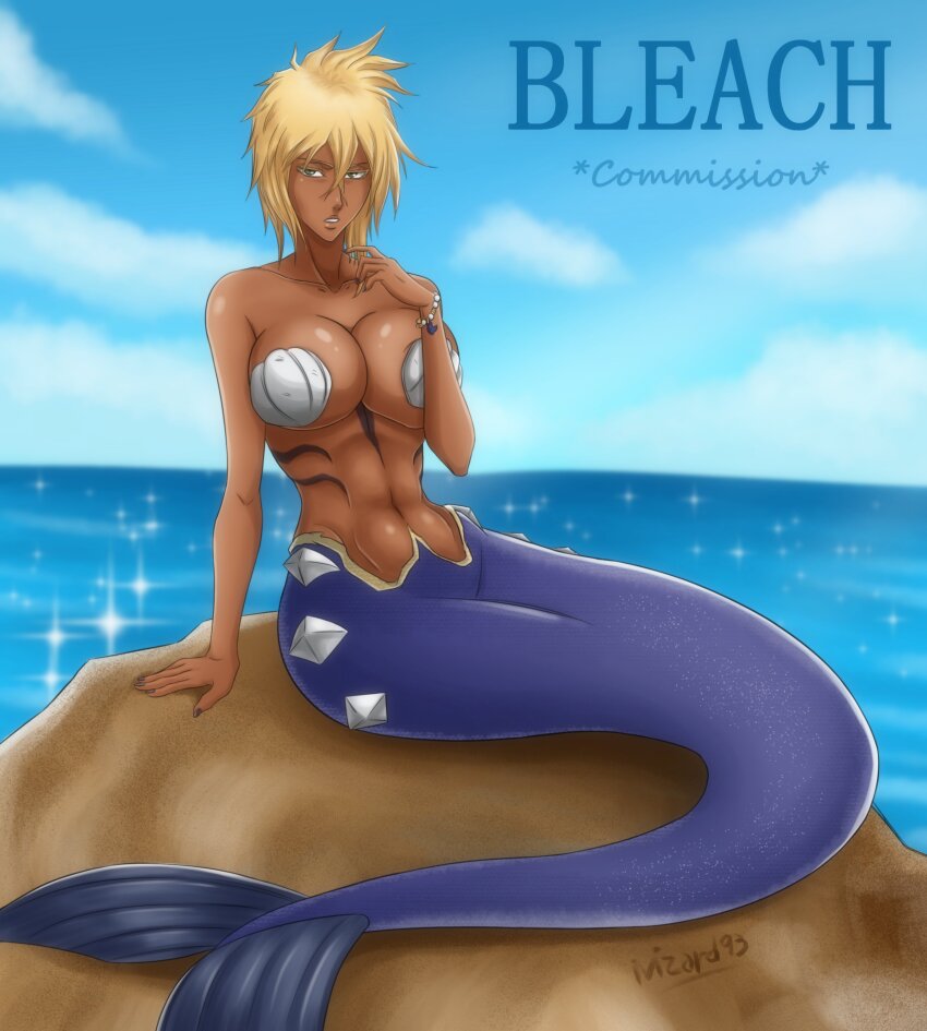 1girl absurdres artist_name bare_shoulders bleach blonde_hair blue_sky bracelet breasts collarbone colored_eyelashes commission dark-skinned_female dark_skin espada facial_mark female_focus green_eyes highres ivizard_art93 jewelry large_breasts medium_hair mermaid monster_girl ocean parted_lips rock seashell shell shell_bra sitting sitting_on_rock sky teeth tier_harribel water